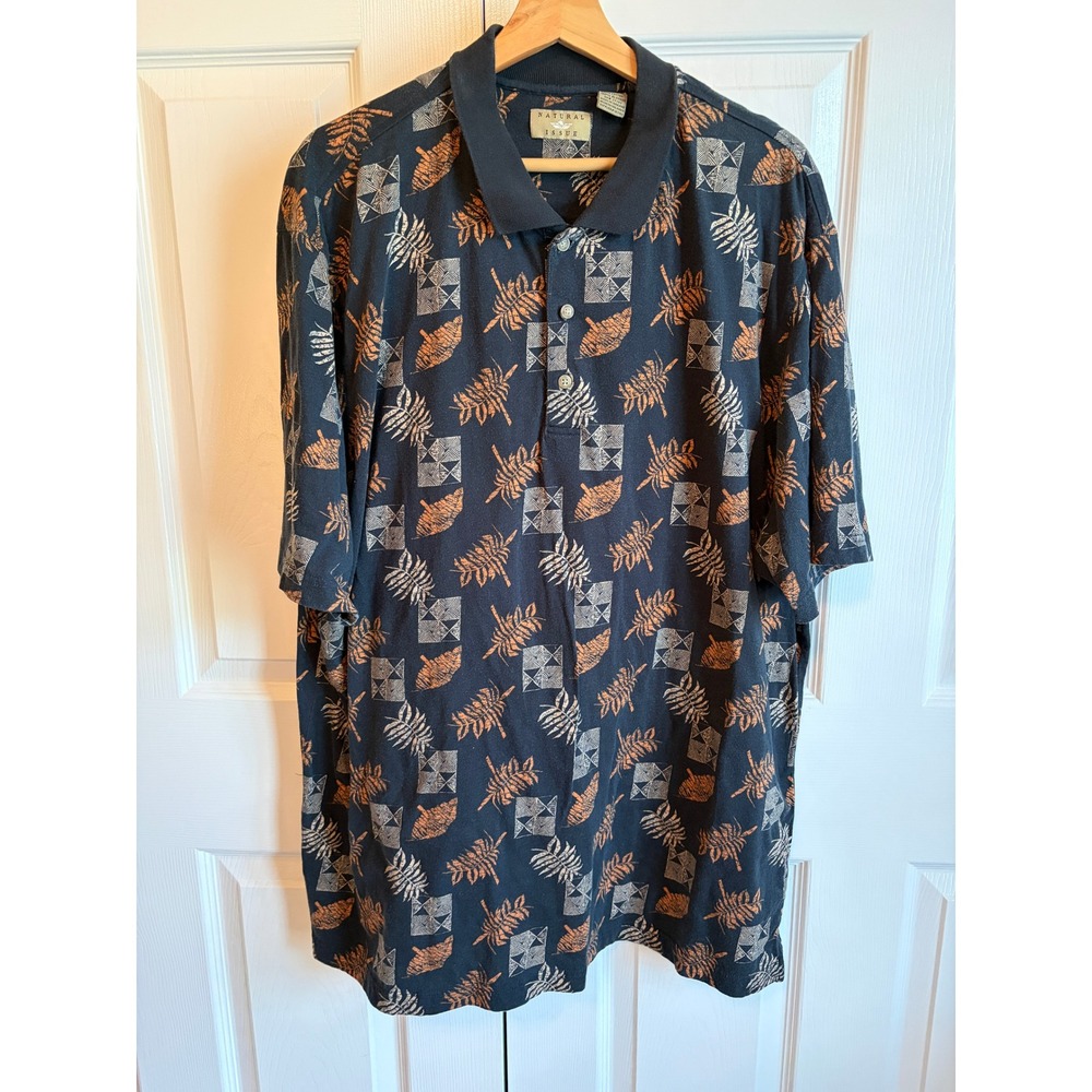 Natural Issue Mens XXL Polo Shirt Cotton Short Sleeve Tropical Leaf Print Navy
